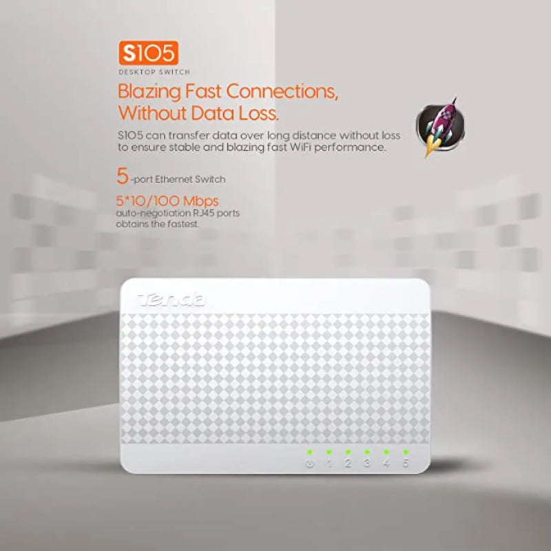 🌐 Tenda S105 5-Port Fast Ethernet Switch – 10/100Mbps Unmanaged Desktop Network Splitter | Compact Plug & (Low Power)