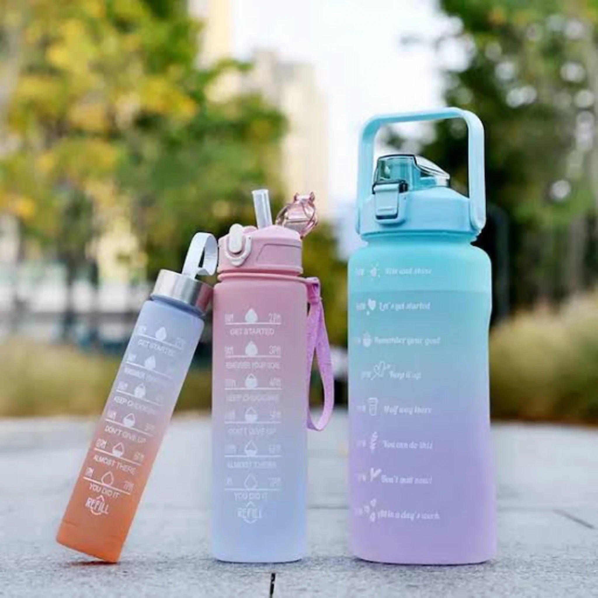 💧 3-Piece Motivational Hydration Bottle Set – Leak-Proof Gradient Water Bottles with Time Markers | Fitness & Daily Use Drink Bottles