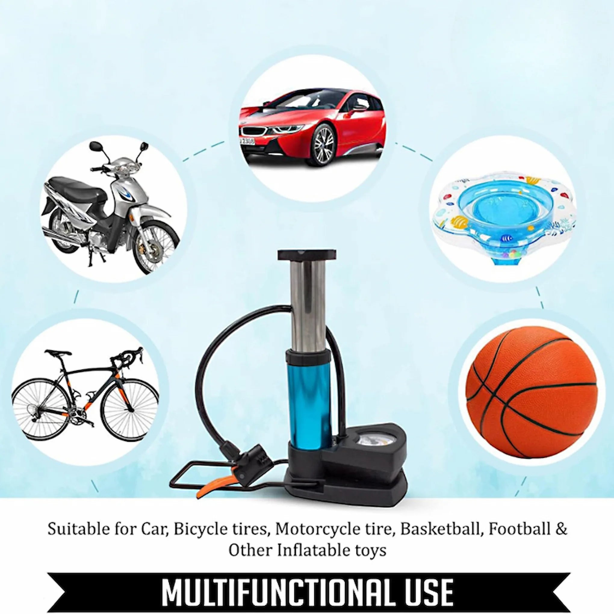 🚲 Mini Foot Pump with Pressure Gauge – High-Pressure Portable Air Pump for Bikes, Cars & Balls | Durable Emergency Inflator Tool