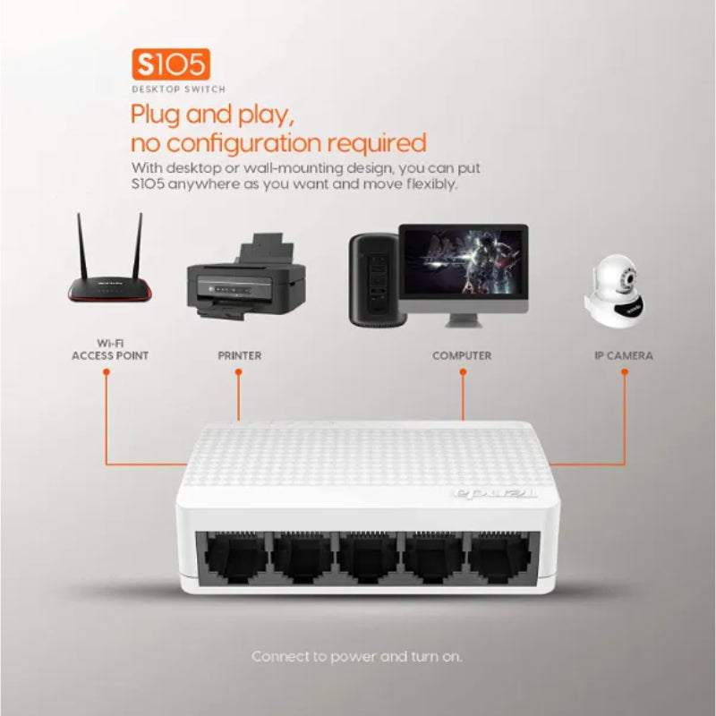🌐 Tenda S105 5-Port Fast Ethernet Switch – 10/100Mbps Unmanaged Desktop Network Splitter | Compact Plug & (Low Power)