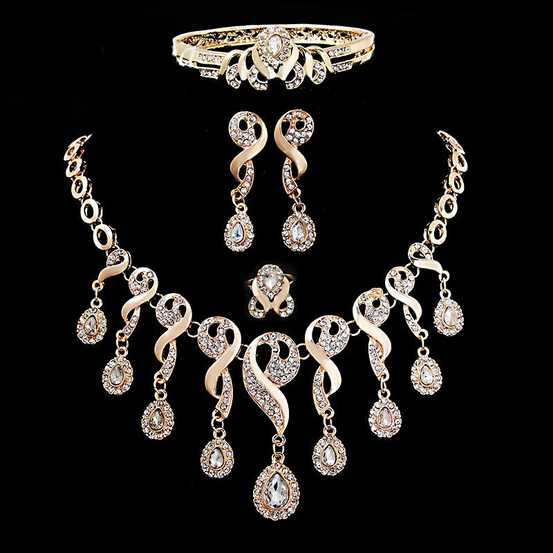 💎 Elegant African Bridal Jewelry Set – Gold-Plated CZ Crystal 4-Piece Set | Necklace, Earrings, Bracelet & Ring Wedding Collection