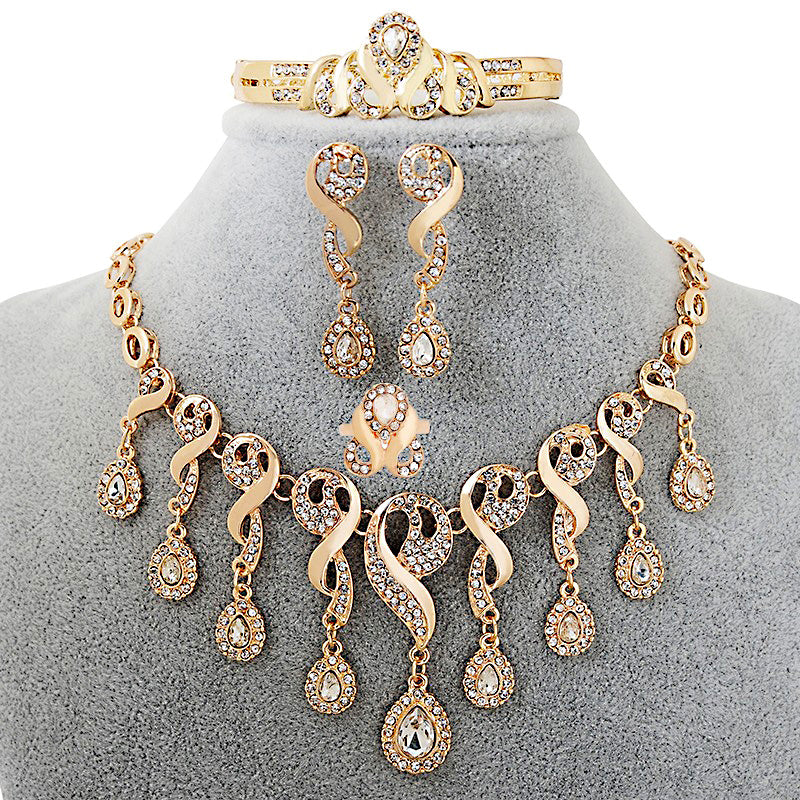 💎 Elegant African Bridal Jewelry Set – Gold-Plated CZ Crystal 4-Piece Set | Necklace, Earrings, Bracelet & Ring Wedding Collection